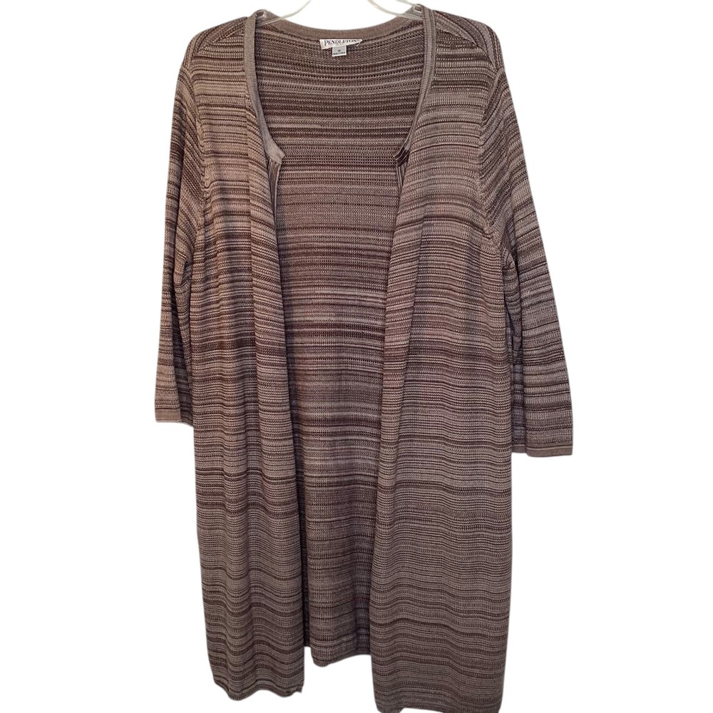 Pendleton Women Open Front Striped Knit Cardigan Sweater 1X Brown Silk Cotton